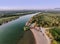 Aerial view of the river Bojana and the Ada Bojana island, Monte