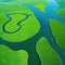 aerial view of a river delta with lush green vegetation and winding waterways