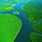 aerial view of a river delta with lush green vegetation and winding waterways