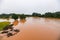 Aerial view river flood forest nature woodland area green tree, Top view river lagoon pond with water flood from above, Raging