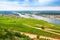 Aerial view of The River Rhine valley with large massives of vineyards alongside