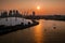 Aerial view of River Thames, North Greenwich and the Docklands at sunset