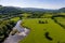 Aerial view of the River Usk and rural farmland near Abergavenny, Wales