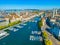 Aerial view of riverside of Swiss river Limmat in Zuerich