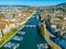 Aerial view of riverside of Swiss river Limmat in Zuerich