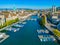 Aerial view of riverside of Swiss river Limmat in Zuerich