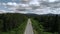 Aerial view of road across the forest on blue cloudy sky background. Scene. Straight long road bending along green trees