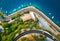 Aerial view of road, boats and yachts in the sea at sunset