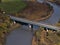 Aerial view of a road bridge (motorway A51) crossing Durance river in the north of town Sisteron in Provence, France.