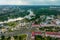 Aerial view of road junction with heavy traffic at city