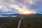 Aerial view of the road runs through vast meadows in Lucky Bay in Cape Le Grand National Park near Esperance at Western Australia