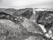 aerial view rock with medieval castle Ehrenburg near moselle river Brodenbach white winter snow wonderland forest hills