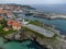 Aerial view on rocks on Llanes, Green coast of Asturias, North Spain with sandy beaches, cliffs, hidden caves, forests and