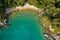 Aerial view of the rocky and forested coast of Rab Island, Croatia