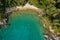 Aerial view of the rocky and forested coast of Rab Island, Croatia