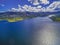 Aerial view of Rocky Valley water storage on bright summer day. Victoria, Australia.