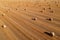 Aerial view of rolled hay bales in harvested wheat field from drone pov