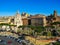 Aerial view of Roman Ruins of Trajan Forum Foro Traiano, Catholic Church, Colonna Traiana and Tower of MIlizie. Beautiful