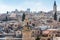 Aerial view of rooftops of buildings of Muristan area in the old city of Jerusalem. Minaret of Mosque of Omar View from the