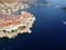 Aerial view of rooftops of Dubrovnik old historical town and Adriatic sea in Croatia. UNESCO World Heritage site, Famous