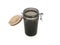 Aerial view of round airtight jar with open bamboo lid. Ceramic jar with lid for food storage and preservation. Decoration and