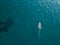 Aerial view of a rowing boat seen from above, powered by an engine. Blue sea that surrounds a boat that crosses it