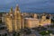 Aerial view of the Royal Liver Building, Cunard Building and Port of Liverpool Building, Liverpool, Merseyside.