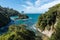 aerial view of rugged coastline of Stewart Island (Rakiura) in New Zealand with tropical rainforest
