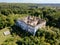 Aerial view of ruined overgrown old abandoned mansion. Former estate of the Golitsyns in Zubrilovka