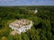 Aerial view of ruined overgrown old abandoned mansion. Former estate of the Golitsyns in Zubrilovka