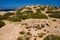 Aerial view of the ruins of the ancient Doric city of Itanos on the remote coastline of eastern Crete, Greece