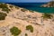 Aerial view of the ruins of the ancient Doric city of Itanos on the remote coastline of eastern Crete, Greece