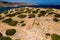 Aerial view of the ruins of the ancient Doric city of Itanos on the remote coastline of eastern Crete, Greece