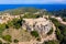 Aerial view of ruins of ancient fortified castle of Begur, Spain