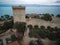 Aerial view of ruins of Castillo del Leone castle Castiglione del Lago in Umbria, Italy