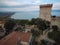 Aerial view of ruins of Castillo del Leone castle Castiglione del Lago in Umbria, Italy