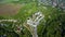 Aerial view of the ruins of a large medieval castle in Europe.