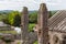 Aerial view from ruins of Scottish Melrose abbey to courtyard
