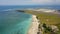 Aerial view of the runway from the top of the tower of the international airport controls Bali with a parked plane and