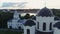 Aerial View of Russian Orthodox white-stone Church. Russia, Velikiy Novgorod.