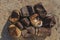 Aerial view of rusty cans, texture of beverage cans, rusty tin cans, rusty drink can, rusty can of soda, rusty can lying in the