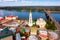 Aerial view of Rybinsk cityscape with bridge across Volga and Cathedral