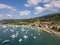 Aerial view of sailboats and moored boats. Boats moored in the port of Vibo Marina, quay, pier.