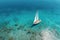 Aerial view of a sailing boat driving in blue sea.