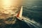 Aerial view of a sailing boat driving in blue sea.