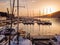 Aerial view, sailing yachts, motor yachts, Croatia. Sunset