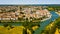Aerial view of Saintes on Charente river with medieval cathedral, France