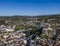 Aerial view of Sanctuary of Our Lady of Lourdes and Chateau fort de Lourdes, France