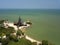 Aerial view Sanctuary of truth is gigantic wooden construction in Pattaya, Thailand.