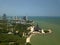 Aerial view Sanctuary of truth is gigantic wooden construction in Pattaya, Thailand.